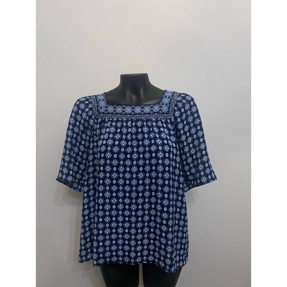 J Jill Wearever Collection Tunic Top Square Neck Blue Floral Sz M‎  Cottage Boho